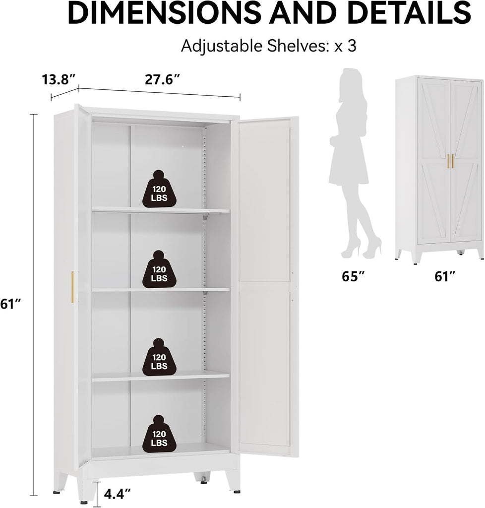 61" Metal Pantry Cabinet with Adjustable Shelves, White Storage Cabinet with Doors and Shelves, Sturdy Freestanding