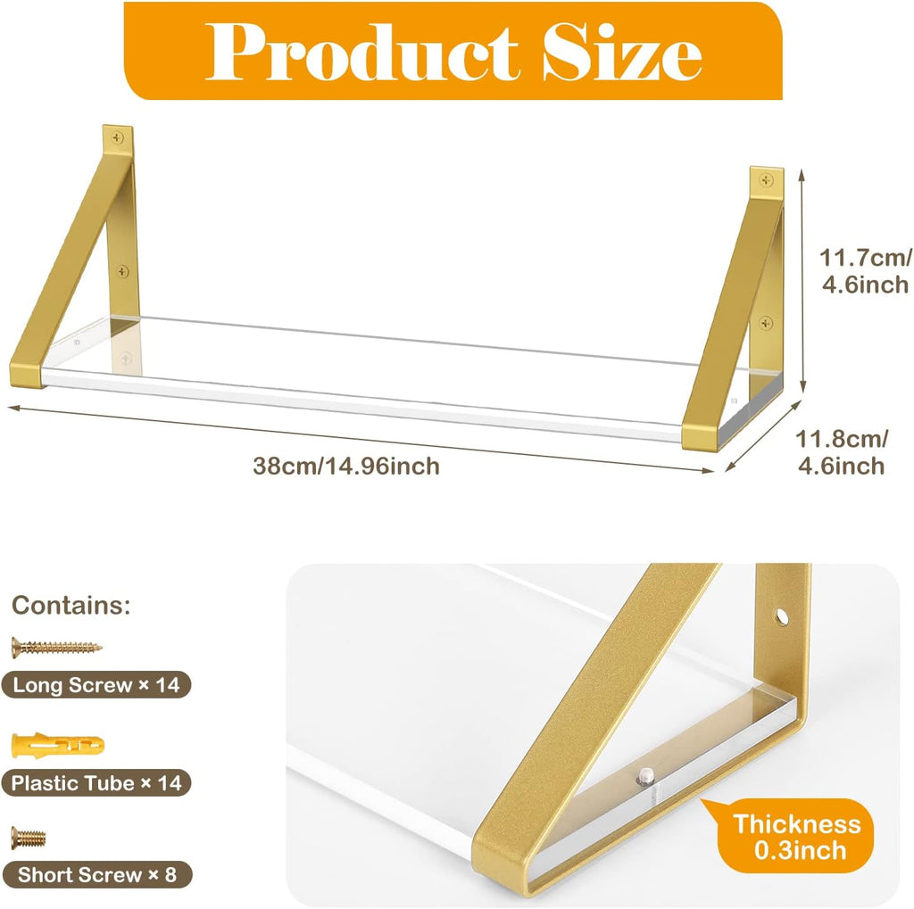 Clear Shelves, Gold Floating Shelves Wall Mounted Set of 3, 8mm Transparent Acrylic, Invisible Wall Shelves Display