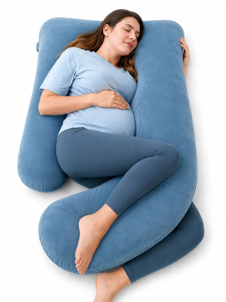 U-Shaped Pregnancy Pillow - 100% Cotton Cover, Full Body Maternity Support for Belly, Back and Legs - Bonus Eye Mask