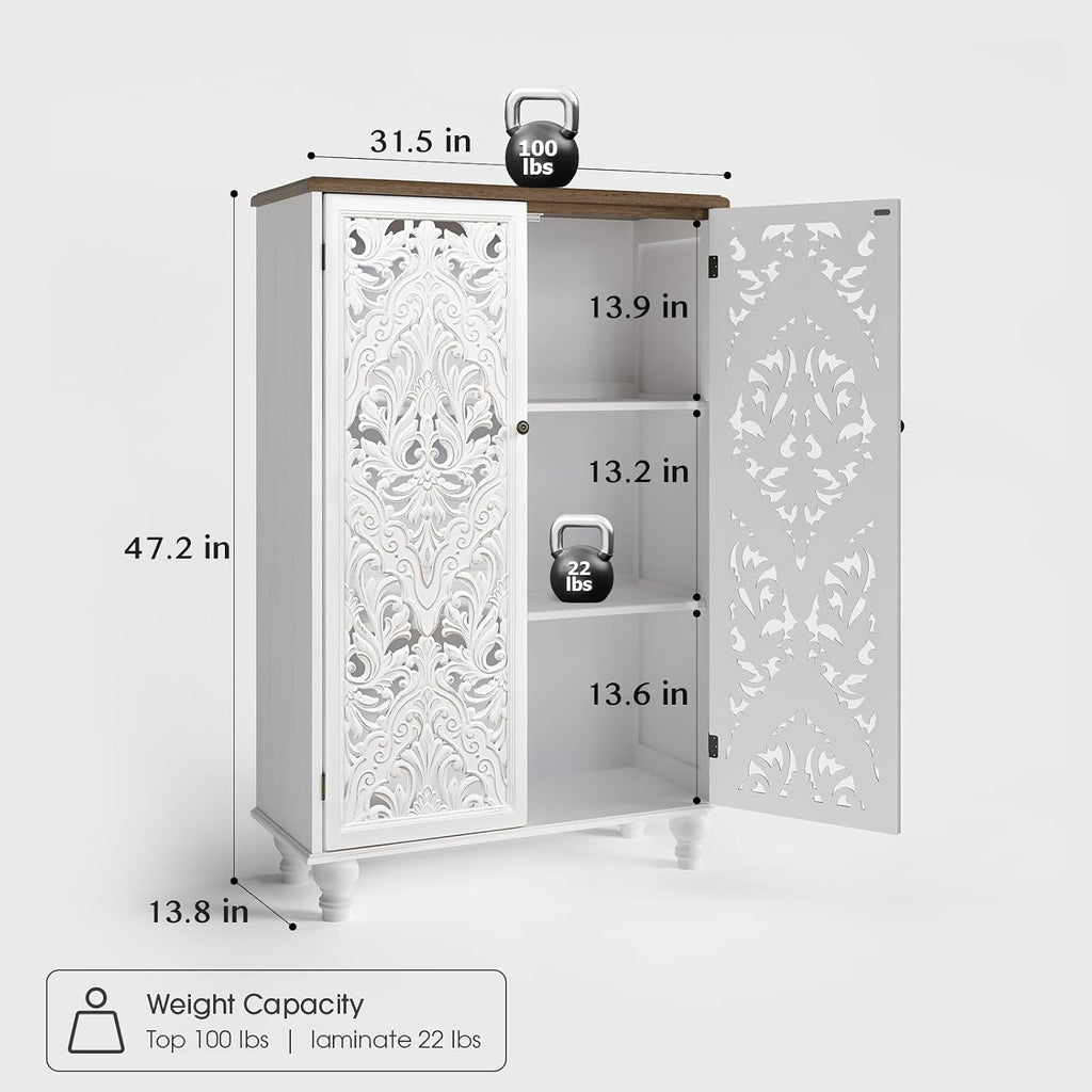 47" Tall Accent Cabinet with Carved Doors & Storage | Vertical Storage, Carved Floral Design, Mandala White Buffet