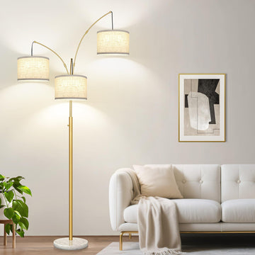 Dimmable Floor Lamp - 3 Lights Gold Arc Floor Lamps, 1000LM Modern Tall Standing Lamp with White Shade&Marble Base