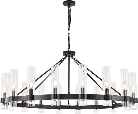 Black Wagon Wheel Chandelier with Glass Shape Large Farmhouse Chandeliers Lighting,Hanging Ceiling Round Pendant Light Fixtures for High Ceiling (Black + Glass Shape) A115-B0D1KDQ3HZ
