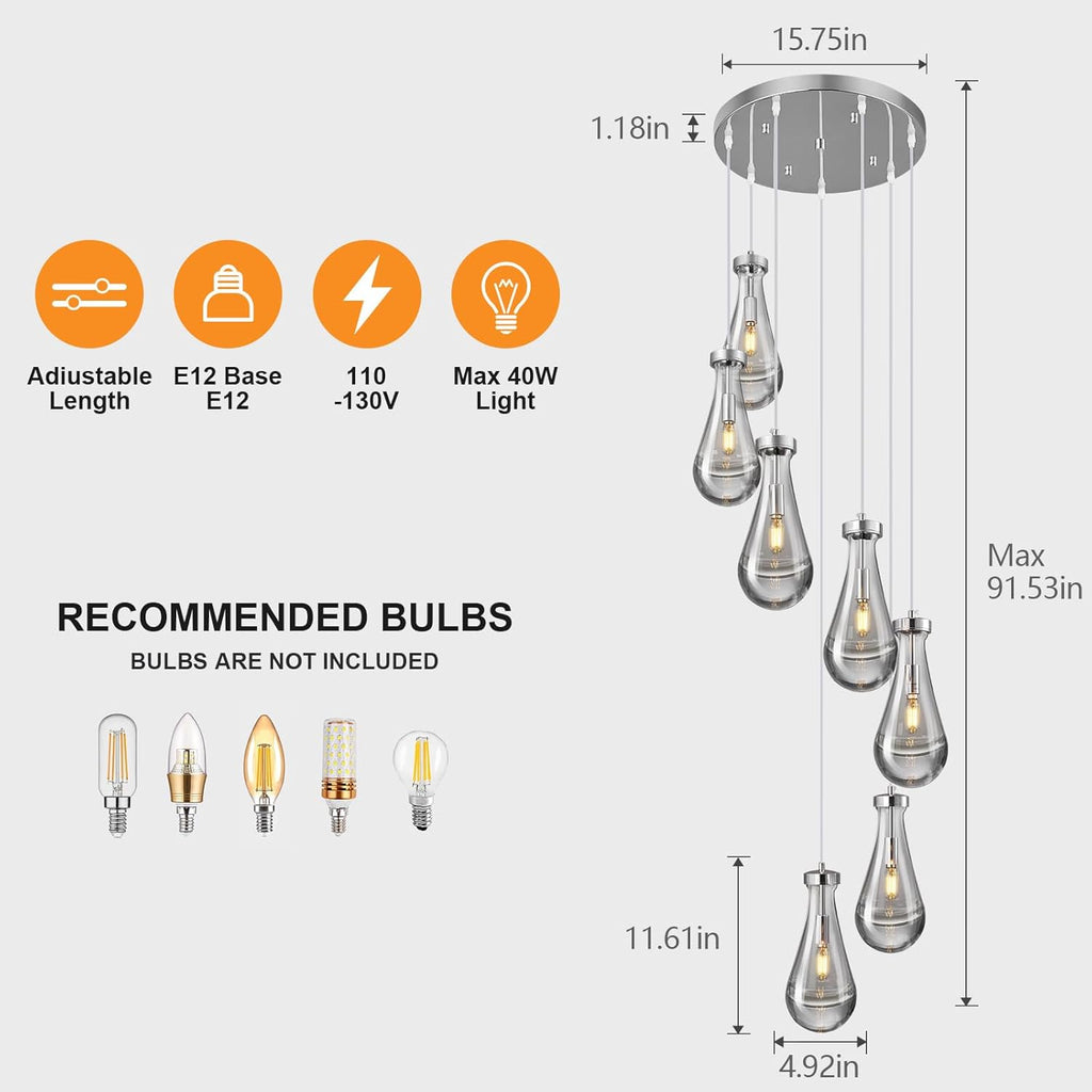 Raindrop Pendant Lights Kitchen Island Teardrop Chrome Hanging Light Fixtures Clear Solid Glass Pendant Light Modern Chandeliers for Dining Room Porch Corridor Living Room (7-Light)