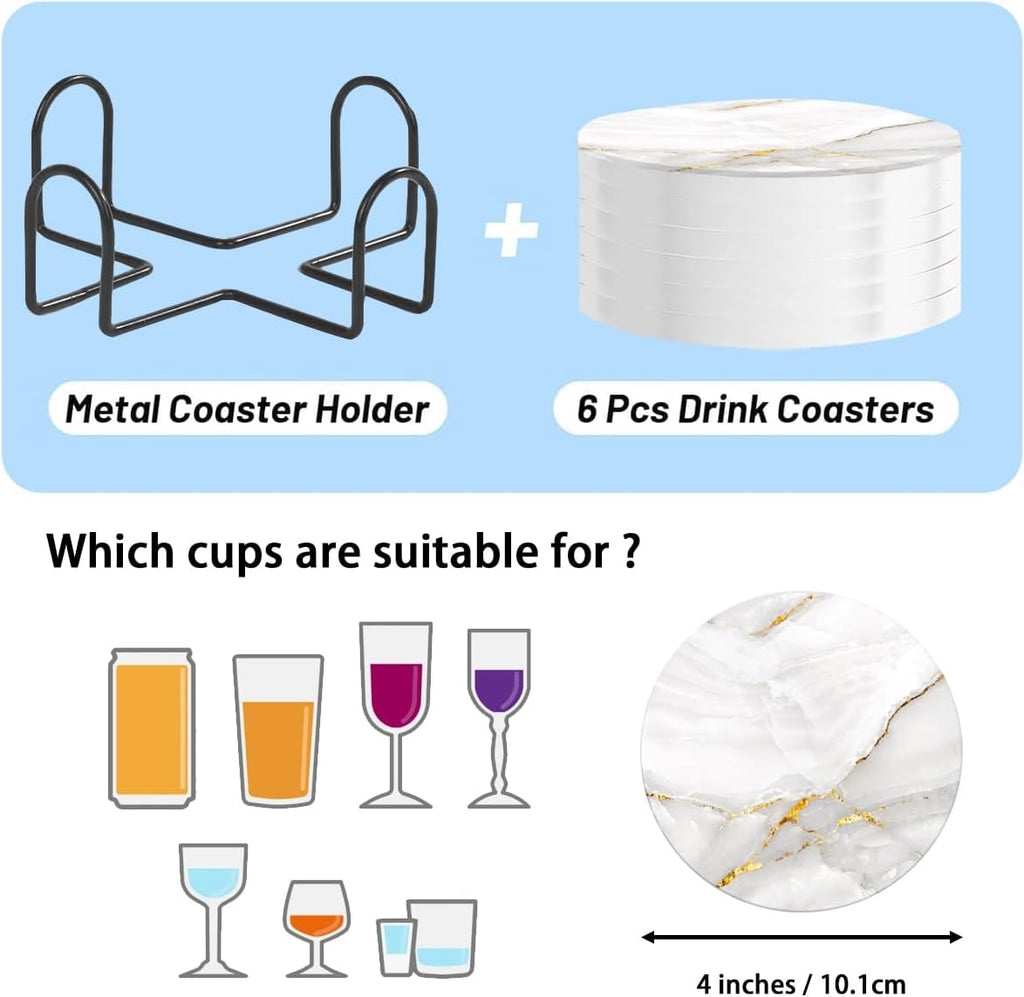 Ceramic Coasters with Holder Absorbent Drink Coasters Round Ceramic Table Coasters Set Decorative Coffee Cup - Set of 6
