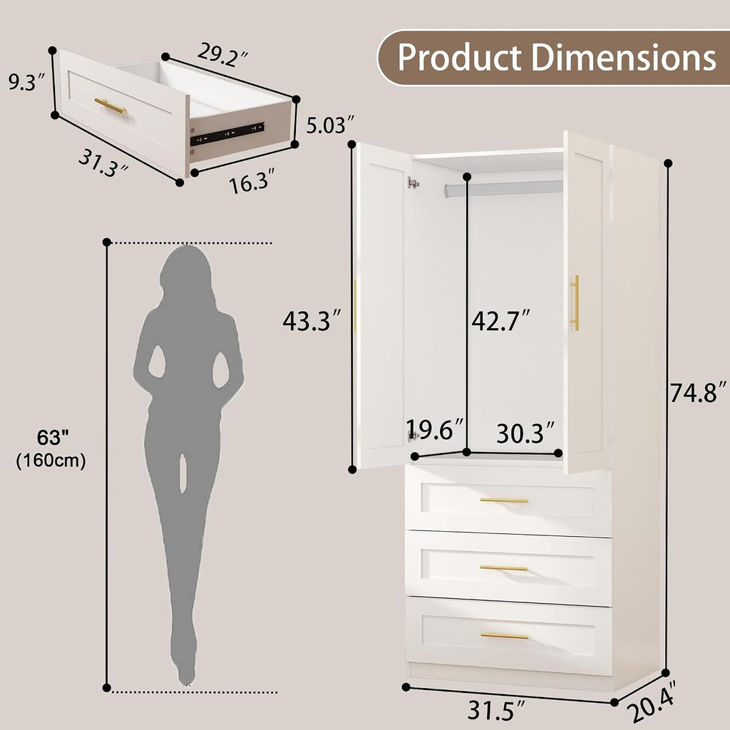 White Armoire Wardrobe Closet: 75" Large Wardrobe Closet with 3 Drawers, Bedroom Armoires with 2 Doors, Wooden Tall