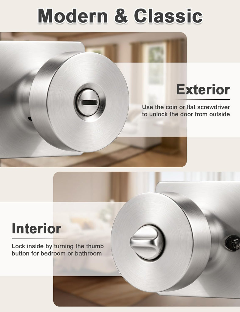 Privacy Door Knobs Interior 6 Pack, Satin Nickel Door Knob with Lock Inside, Keyless Bedroom and Bathroom Locking