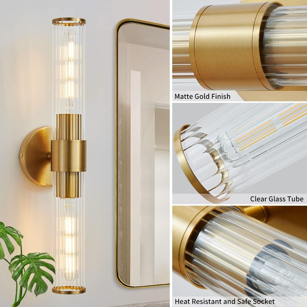 Hardwired Gold Vanity Light Threaded Glass Wall Sconce 2 Pack | Up & Down Bidirectional Lighting, Damp Rated s