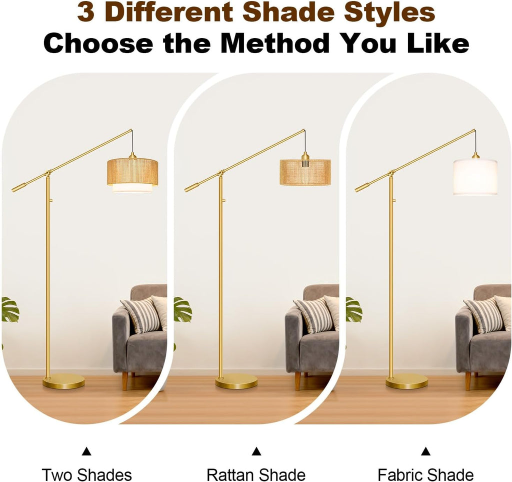【Upgraded】Arc Floor Lamp, Boho Dimmable Swing Arm Floor Lamp with Rattan & Fabric Shades