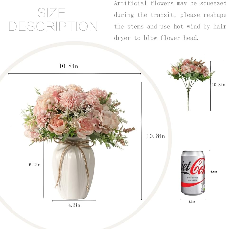 Peonies Artificial Flowers in Vase, Fake Hydrangea Silk Peony Flower Bouquet with Vase Faux Flowers Arrangement Decor