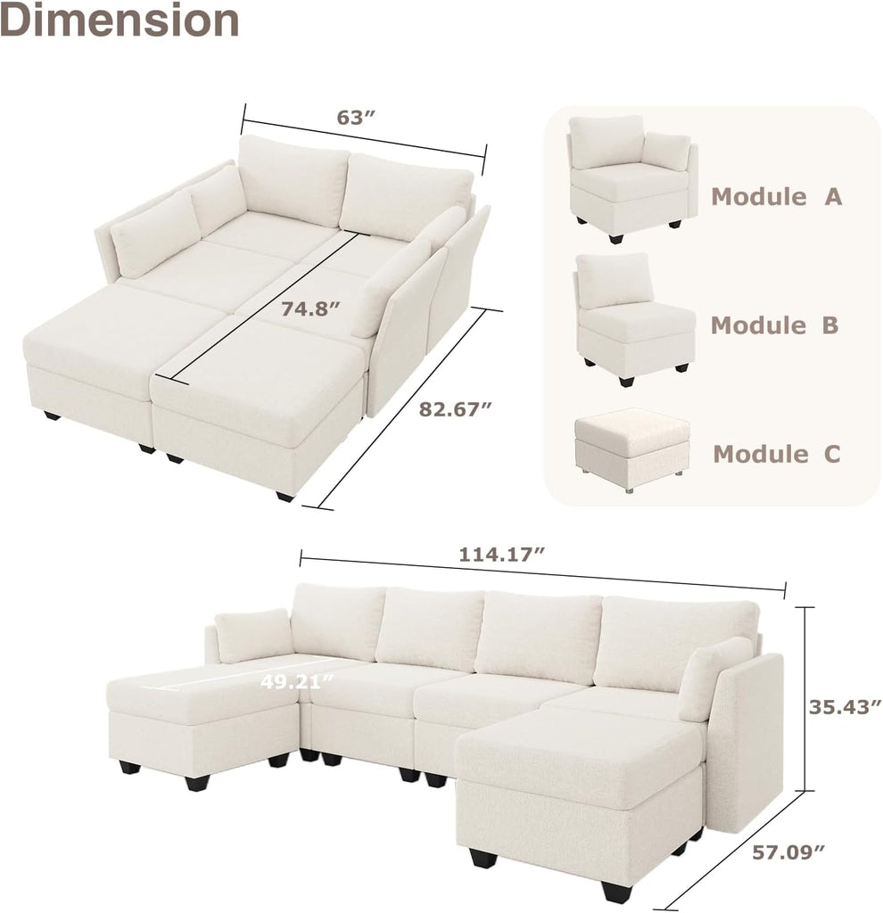 114.17" Modular Sectional Sofa, 6 Seat Modular Couch with Storage, Memory Foam, Convertible Sectional Couches , U