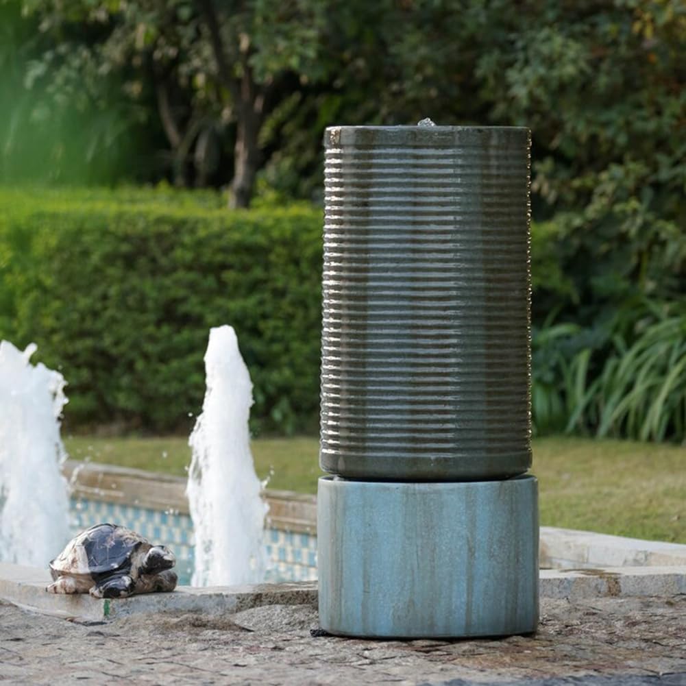44" Tall Large Round Green Ribbed Tower Water Fountain, Verge Blue Gray Finish