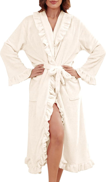 Women's Long Fleece Robe Plush Fluffy Fuzzy Ruffle Bath Robe Warm Loungewear