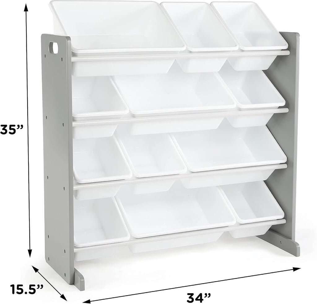 Toy Storage Organizer with 12 Removable Storage Bins for Kids Playroom, 4-Tier Toddler Toy Organization, Grey/White