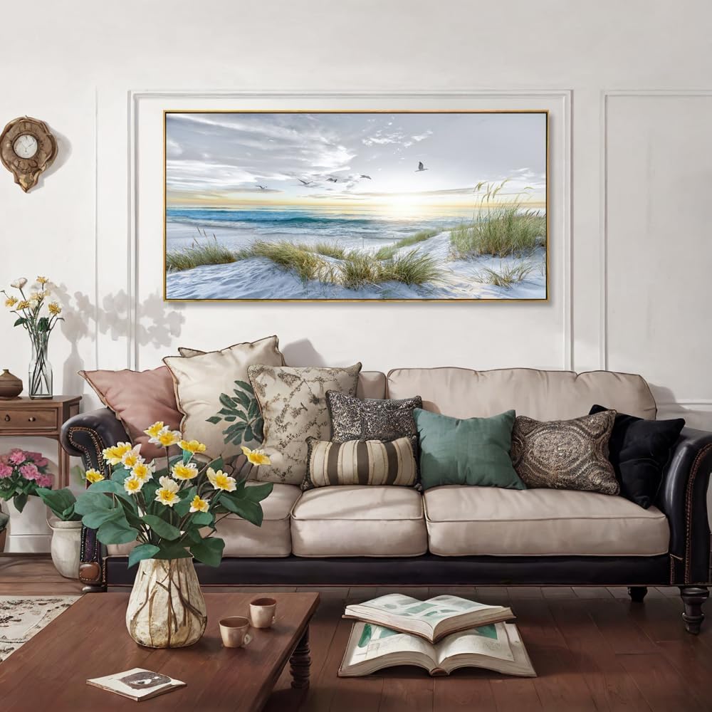 Canvas Prints Wall Art Beach Sunrise Ocean Waves Beach Grass Nature Pictures Stretched Canvas Wooden Framed Bedroom