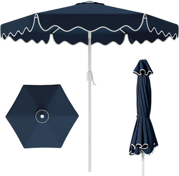 Patio Umbrella with Wavy Trim, UV-Fade-Resistant Canopy, Crank & Tilt - Navy 9ft