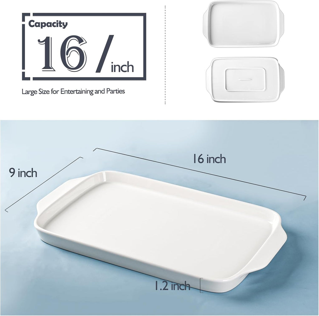 Large Serving Platter with Handles 16"x9" - White Porcelain Serving Trays Set of 3, Rectangular Platters for