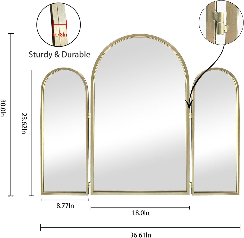 Trifold Vanity Mirrors 3 Way, 30 x 37in Adjustable Vanity Mirrors , Champaign Golden Arch Mirrors Wall Mounted