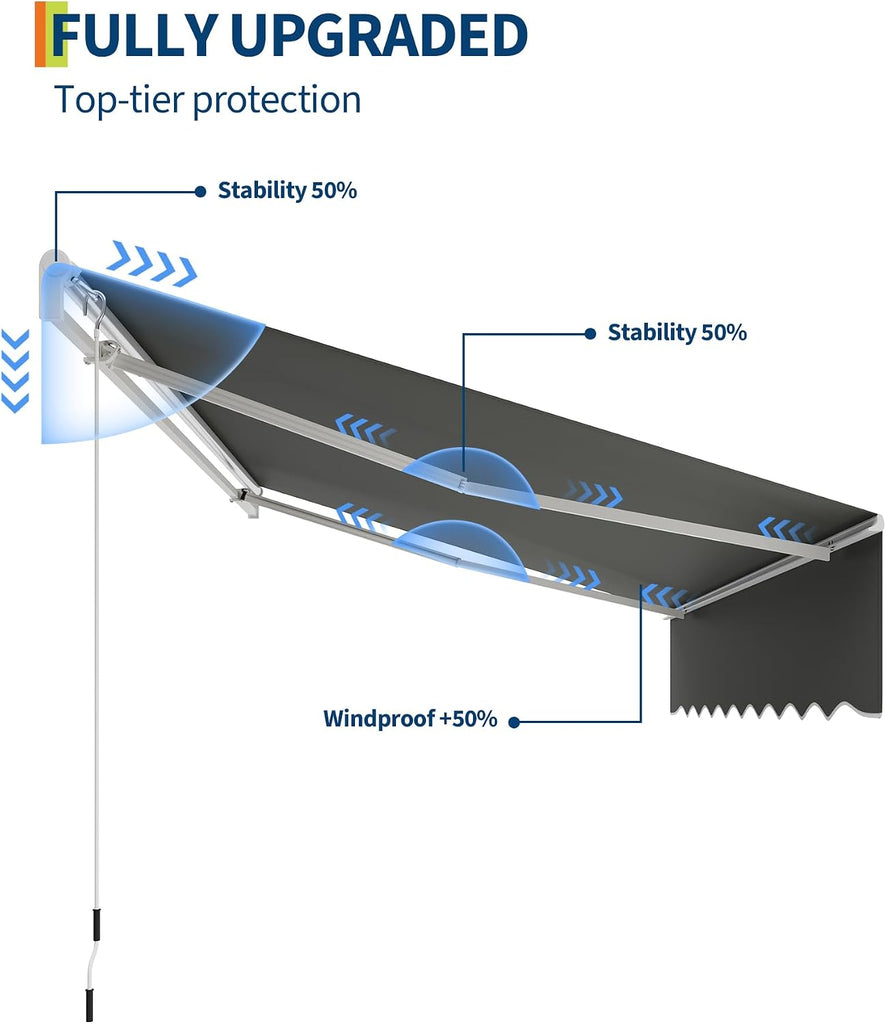 Manual Retractable Awning 10x8 ft Gray, 80 Sq.ft, Manual Crank, 5-35° Tilt, Waterproof UV50+ Deck