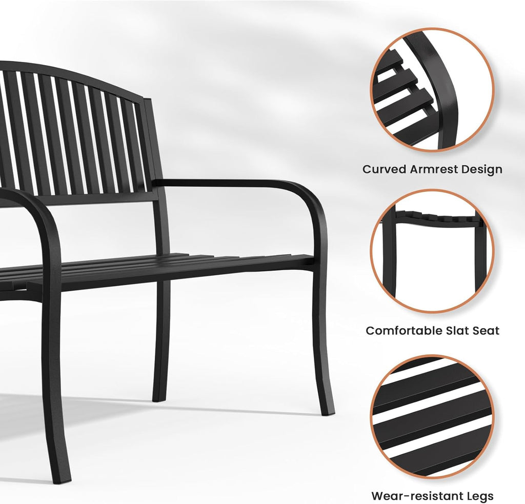 Garden Bench, 50" Outdoor Bench, 660LBS Wrought Iron Porch Bench, Patio Bench with Armrests for Garden Lawn or Yard