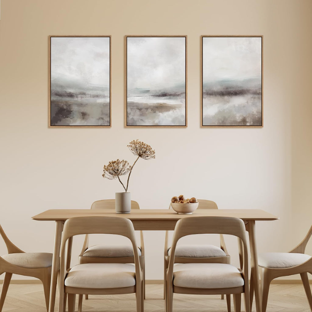 Large Abstract Neutral 3 Piece Wall Art Framed, Gray Lake Landscape Canvas Decor(16x24), Watercolor Smoky Mountain - Set of 16