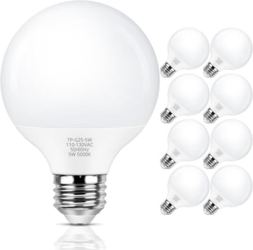 G25 LED Globe Light Bulb 60W Equivalent, Daylight White 5000K E26 Vanity Light Bulbs for Bathroom Makeup Mirror