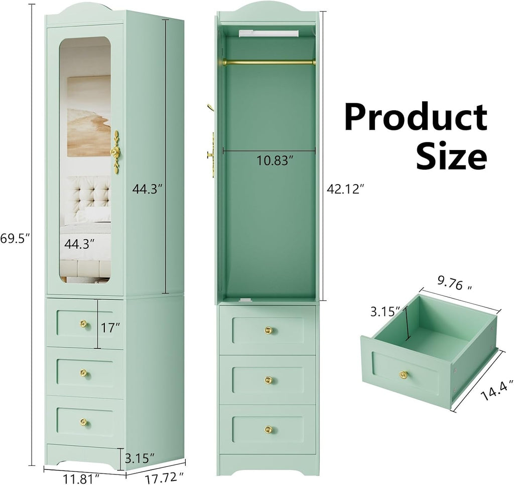 Armoire Wardrobe Closet, Green Bedroom Armoires Cabinet with Mirror Door and 6 Drawers, 69.5" H Wood Clothing Storage