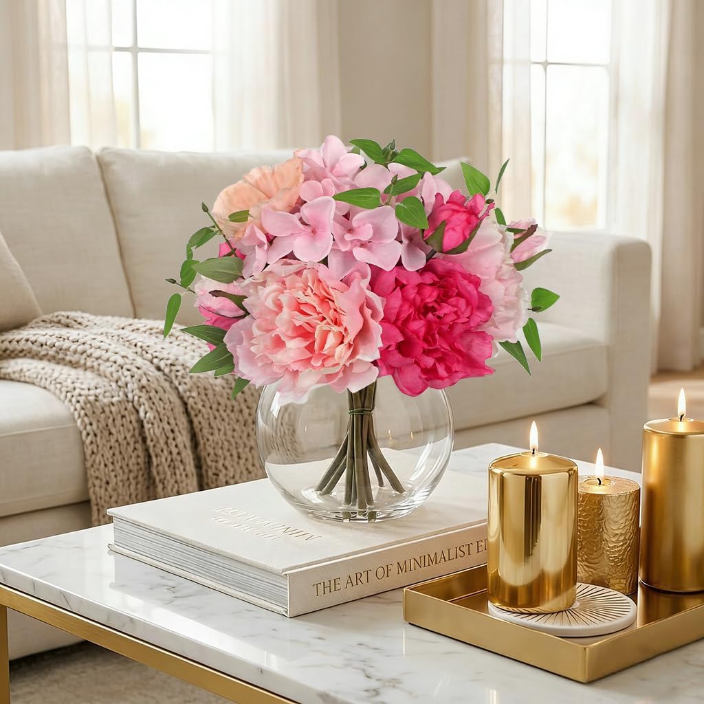 Artificial Flower in Vase, Faux Silk Flowers Arrangement Peony Hydrangea Poppy Eucalyptus Bouquet with Faux Water