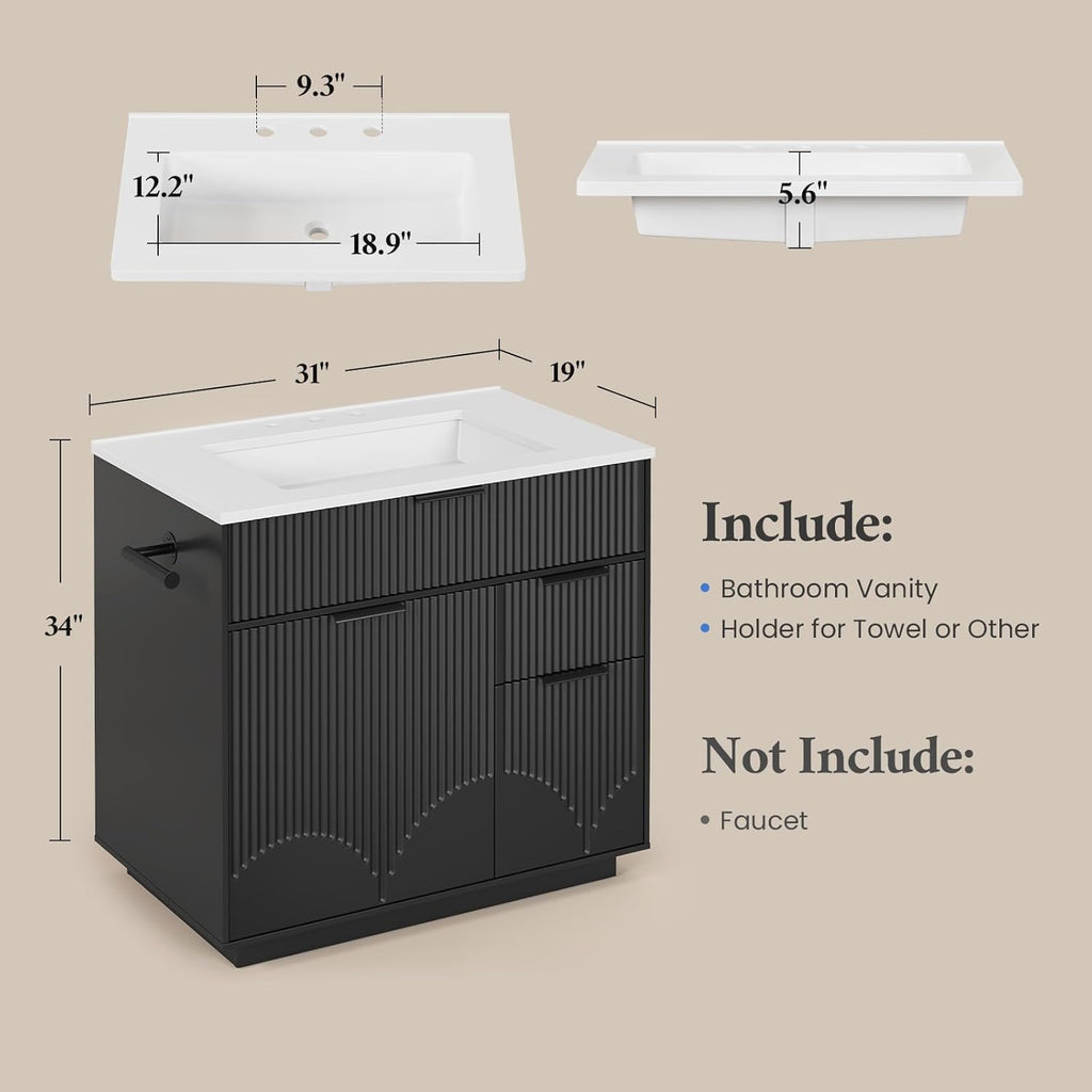 31" Fluted Freestanding Bathroom Vanity with Sink - Cabinet with Door Storage & 3 Drawers