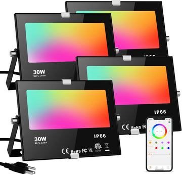 LED Flood Lights RGB Color Changing 300W Equivalent Outdoor, 30W Bluetooth Smart RGB Floodlight APP Control, IP66