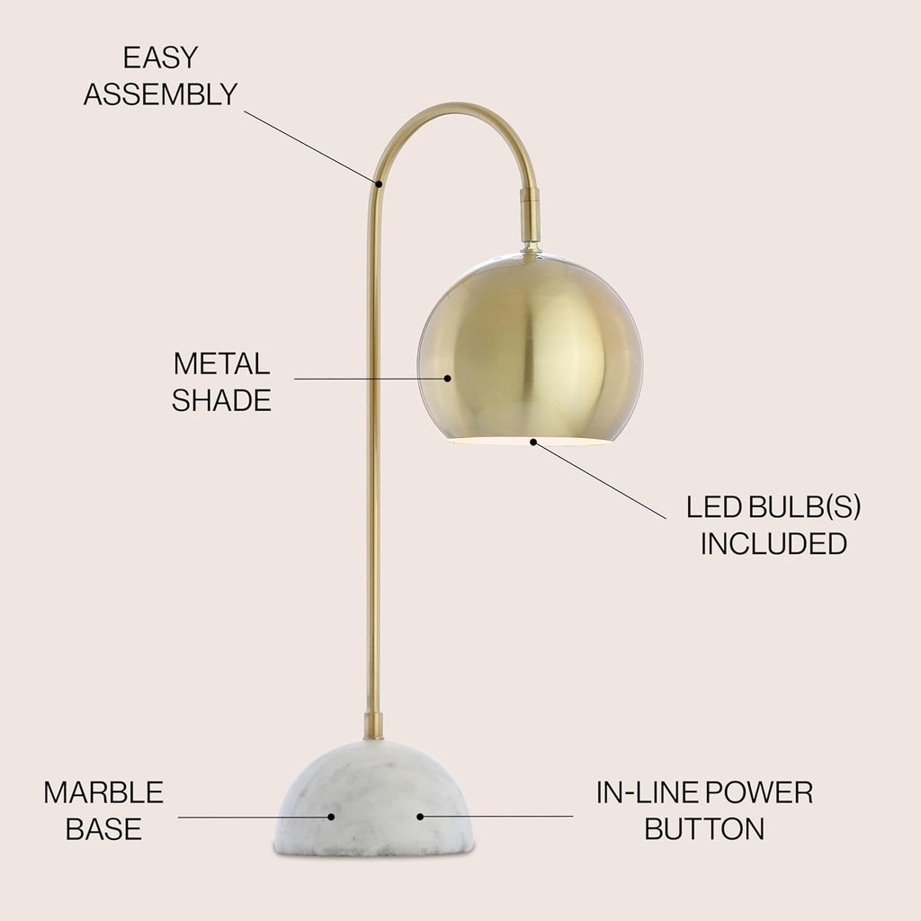 23.5" Brass Gold and White Stephen Metal and Marble LED Table Lamp, Modern Arched Task Lamp Bedroom Office