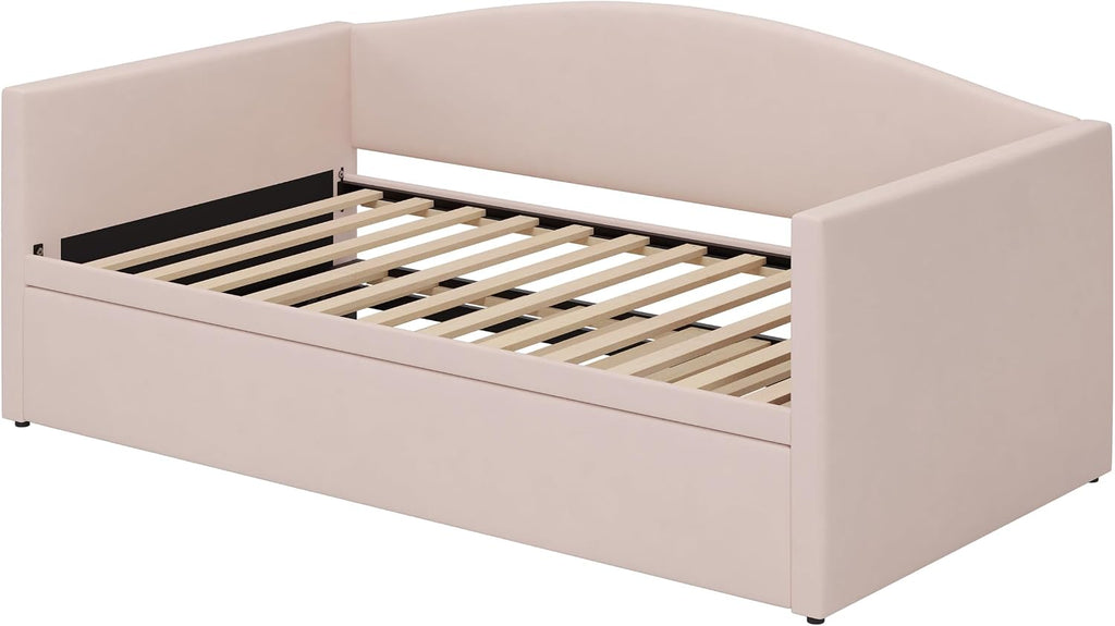 Twin Velvet Daybed with Extended Pop-Up Trundle, Pink | Upholstered Sofa Bed with Space-Saving Twin-to-King Design