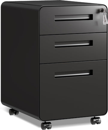 3 Drawer File Cabinet with Lock, Fully Assembled Except Casters | Thickened Metal Mobile Filing Cabinet, Under Desk