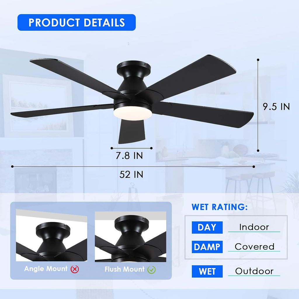 Black Ceiling Fans with Lights - 52In Flush Mount Ceiling Fan Light with Remote, 3CCT Dimmable and 6 Wind Speeds, Modern Low Profile Fan Light for Indoor Bedroom, Covered Outdoor