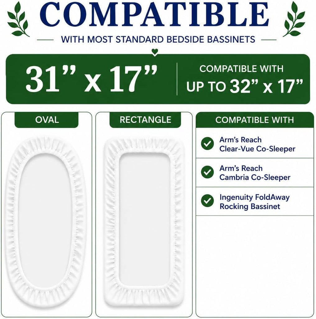 Organic Cotton Bassinet Sheets Compatible with Arm's Reach Clear-Vue & Cambria Co-Sleeper, Ingenuity Foldaway Rocking