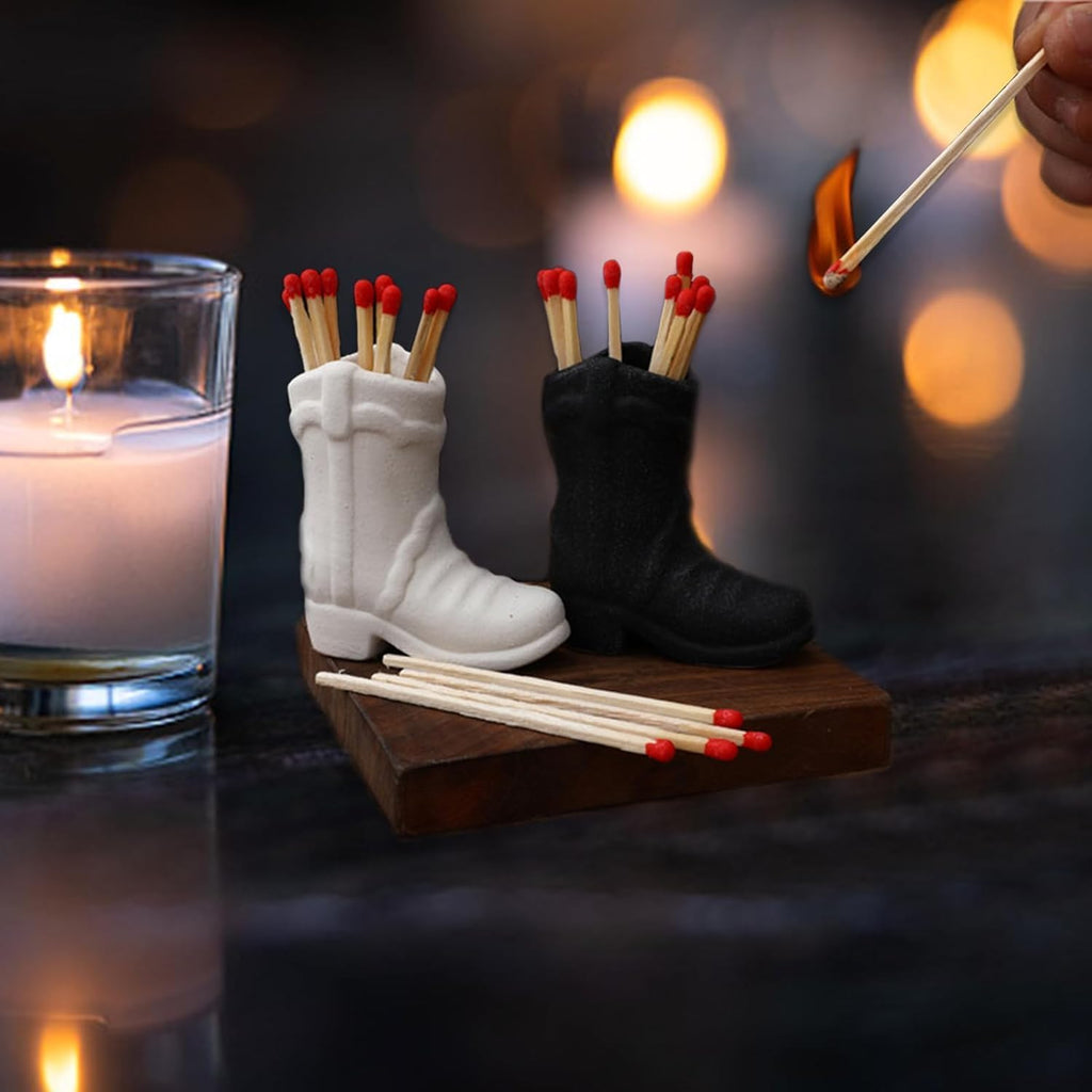 Cowboy Boot Match Box with Striker, Decorative Matches Holder, Very Cute Addition for Interior Decor (Black)