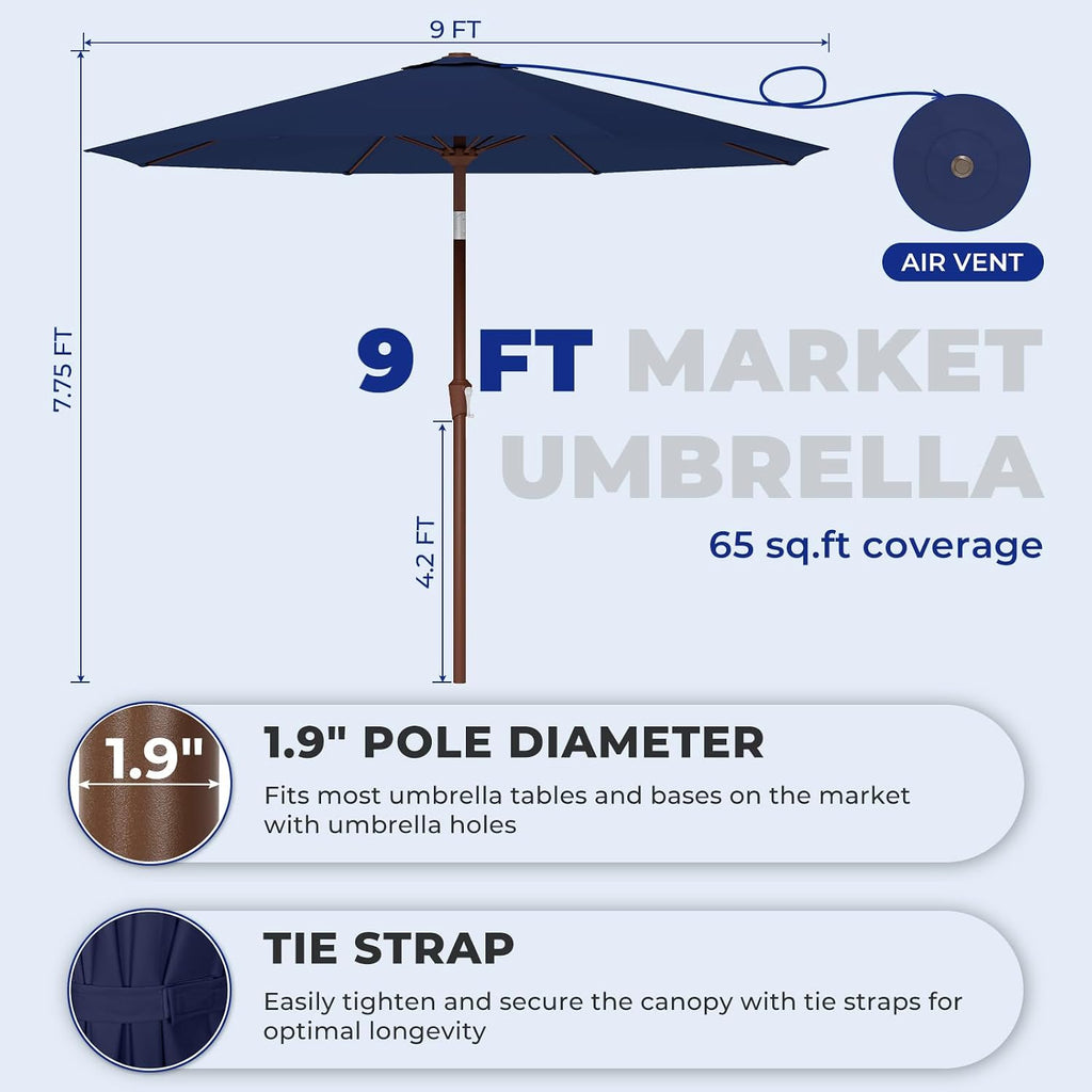 9FT-Patio-Umbrella w/Push Button Tilt & Crank | Navy Blue | Outdoor Table Umbrellas w/ 8 Fiberglass Ribs | Large Market