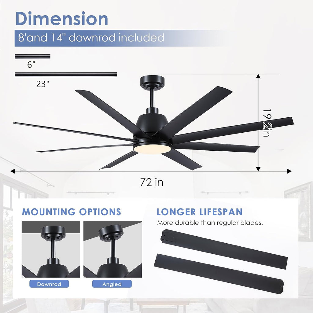 72" Black Ceiling Fan with Lights and Remote Control - Large Industrial Ceiling Fan with 8 ABS Blades, Dimming, DC Motor Reversible, Indoor/Outdoor Modern Ceiling Fan for Living Room, Black