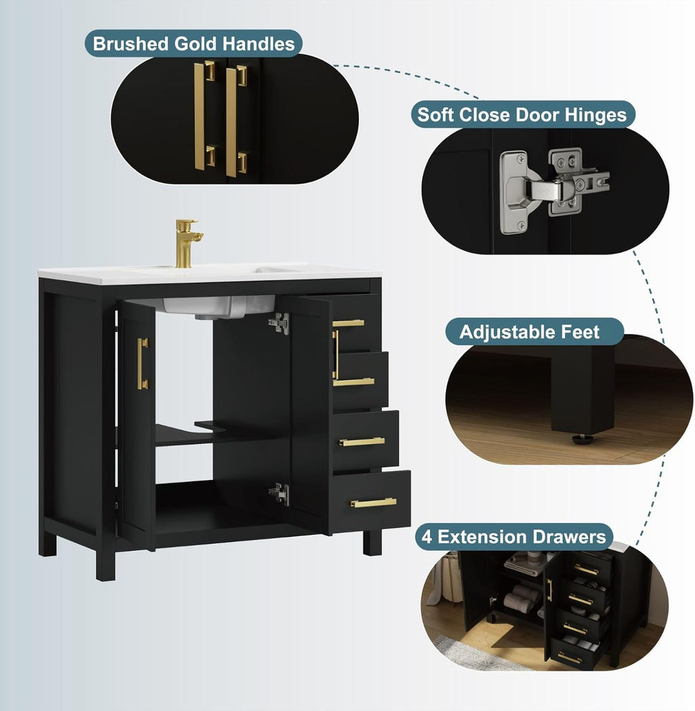 36" Black Single Sink Bathroom Vanity with Integrated Top - Freestanding Vanity Cabinet
