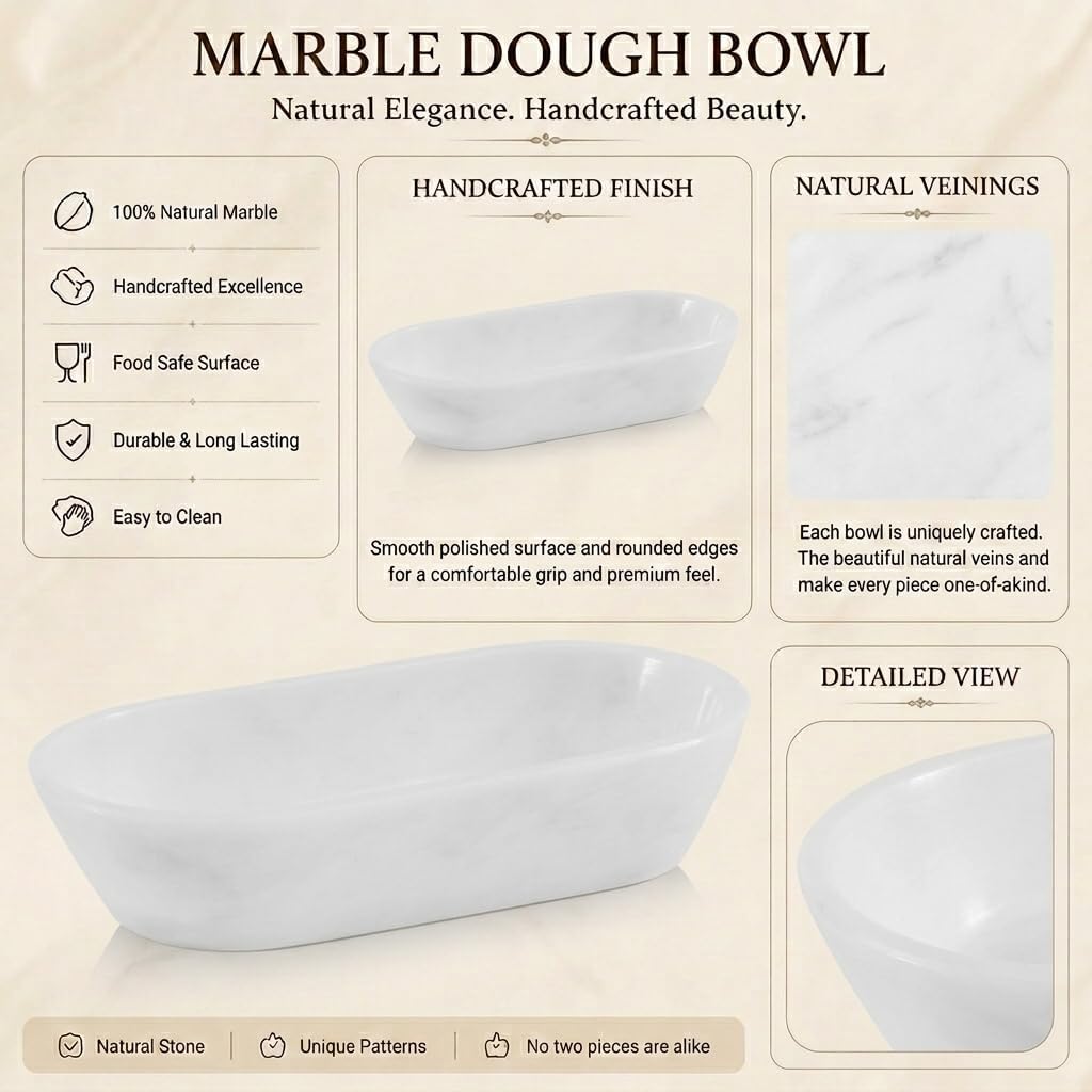 Marble Dough Bowls For Decor 10" Inches White Oval Bowl Table Décor, Ideal Candy Bowl, Candle Bowl and Marble Bowl