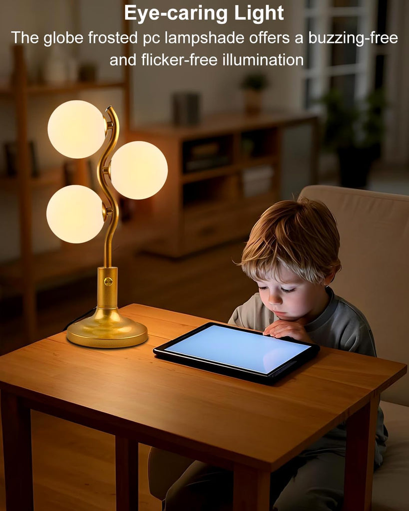 Mid Century Globe Table Lamp Dimmable Modern 3 Lights Gold Desk Lamp 3000K Warmwhite Bedside Table Lamp Living Room