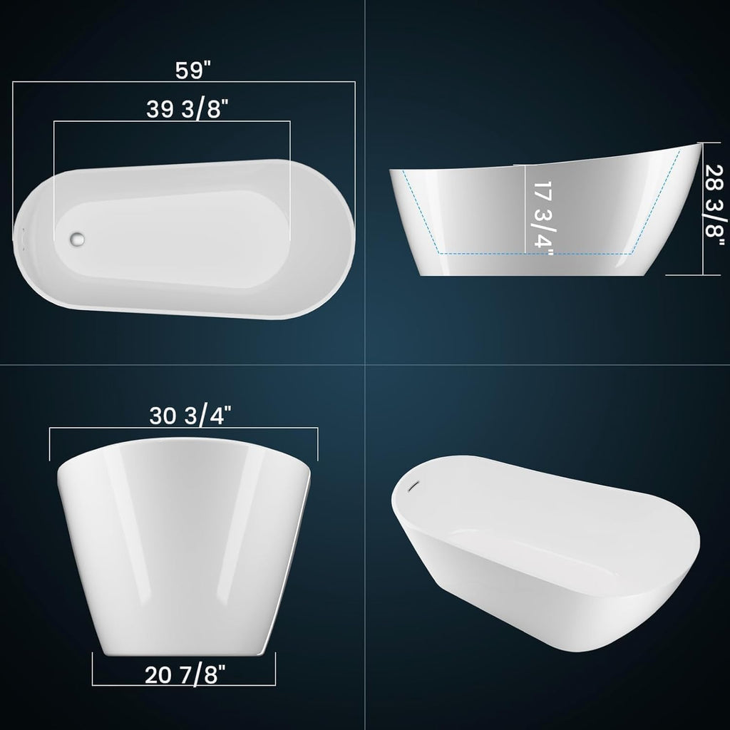 59" Freestanding Bathtub, Black Exterior White Interior Acrylic Stand Alone Soaking Tub, Modern Oval Bath with