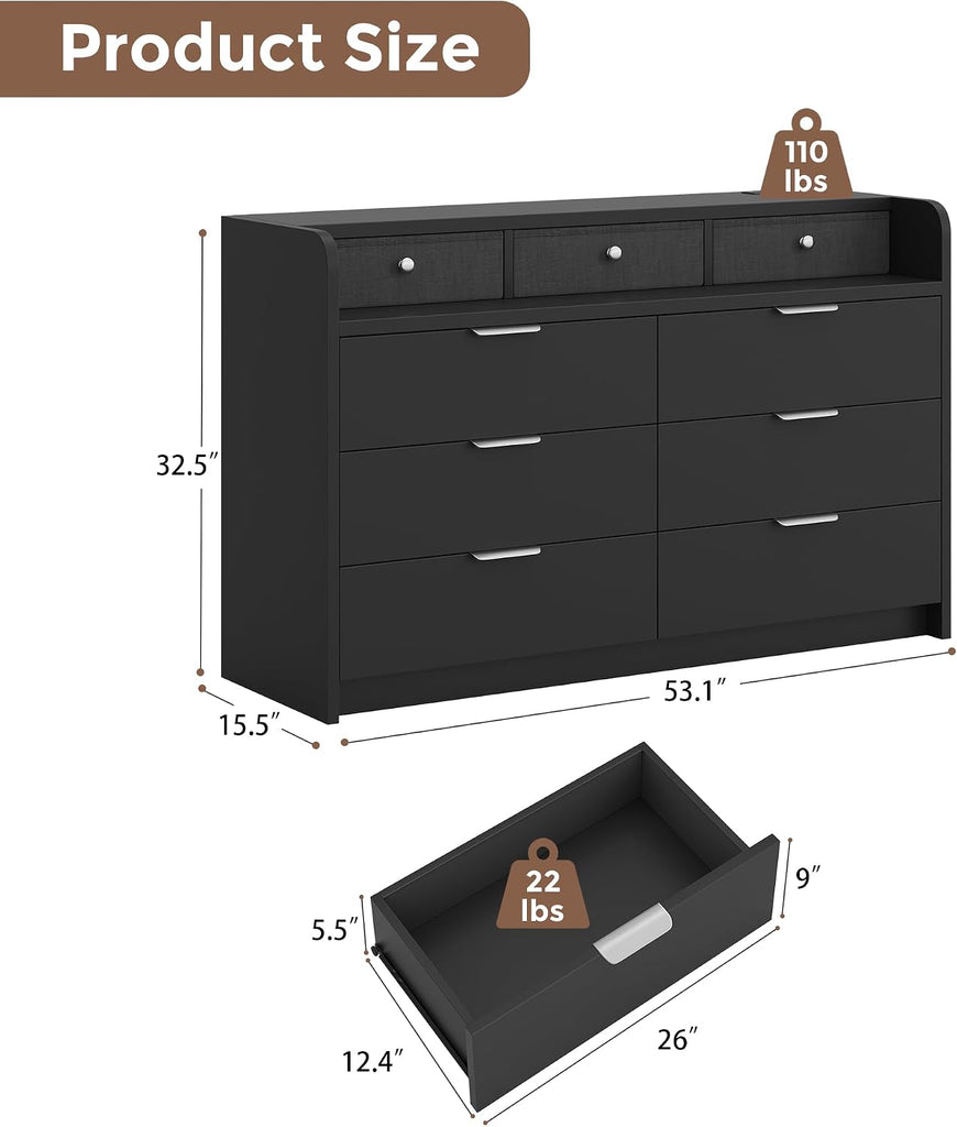 53'' Wide 9 Drawer Dresser , Wood TV Stand Dresser with Power Outlets & LED Light, Chest of Drawers Closet Store