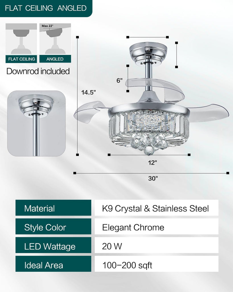 30 Inch Crystal Fandelier Ceiling Fan with Light Dimmable Chandelier Ceiling Fans with Lights ,Chrome