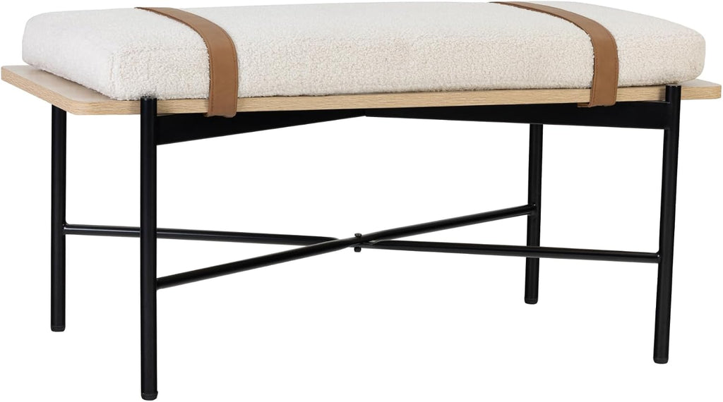 Thatcher Upholstered Entryway Bench with Removable Boucle Cushion, Vegan Leather Straps, and Matte Black Metal Legs