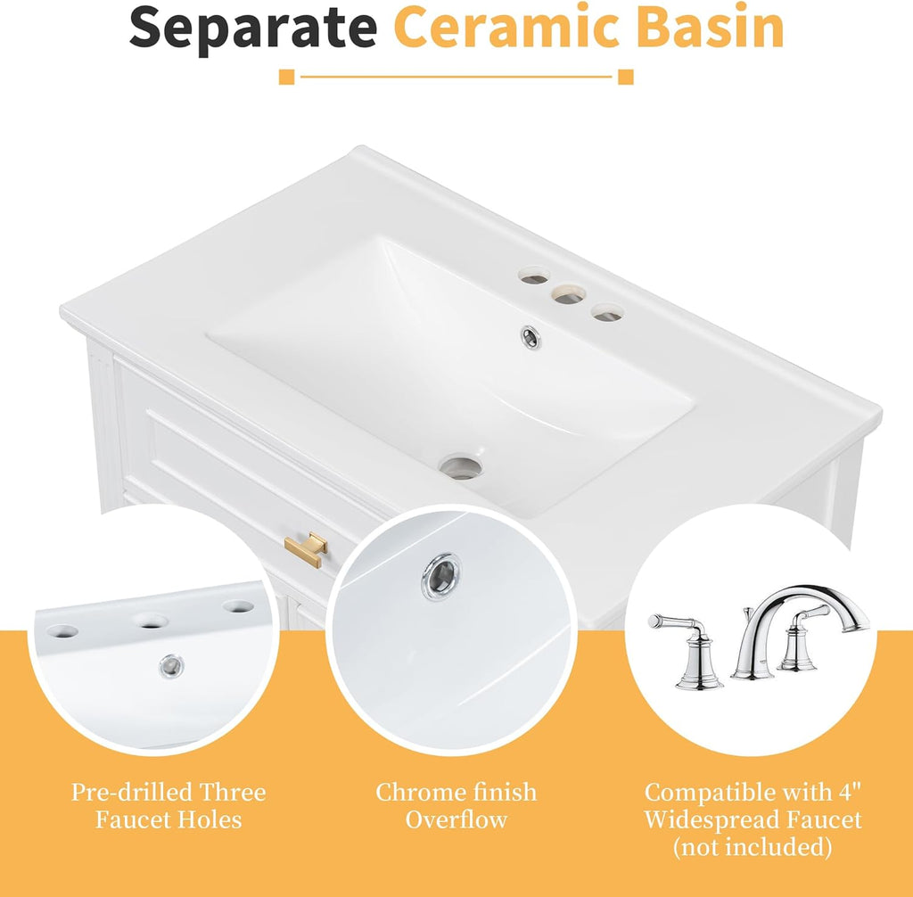 Harper & Bright Designs 30" Bathroom Vanity with Sink, Free Standing Vanity Set with Tip-Out Drawer, 2 Drawers