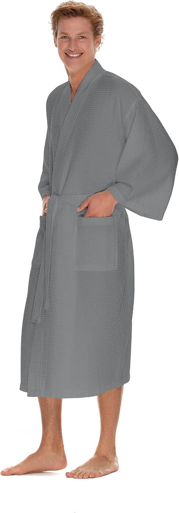 Men's Waffle Robe by BOCA TERRY, Waffle Knit Spa Robe, Long Lightweight Cotton Kimono Hotel Bathrobe
