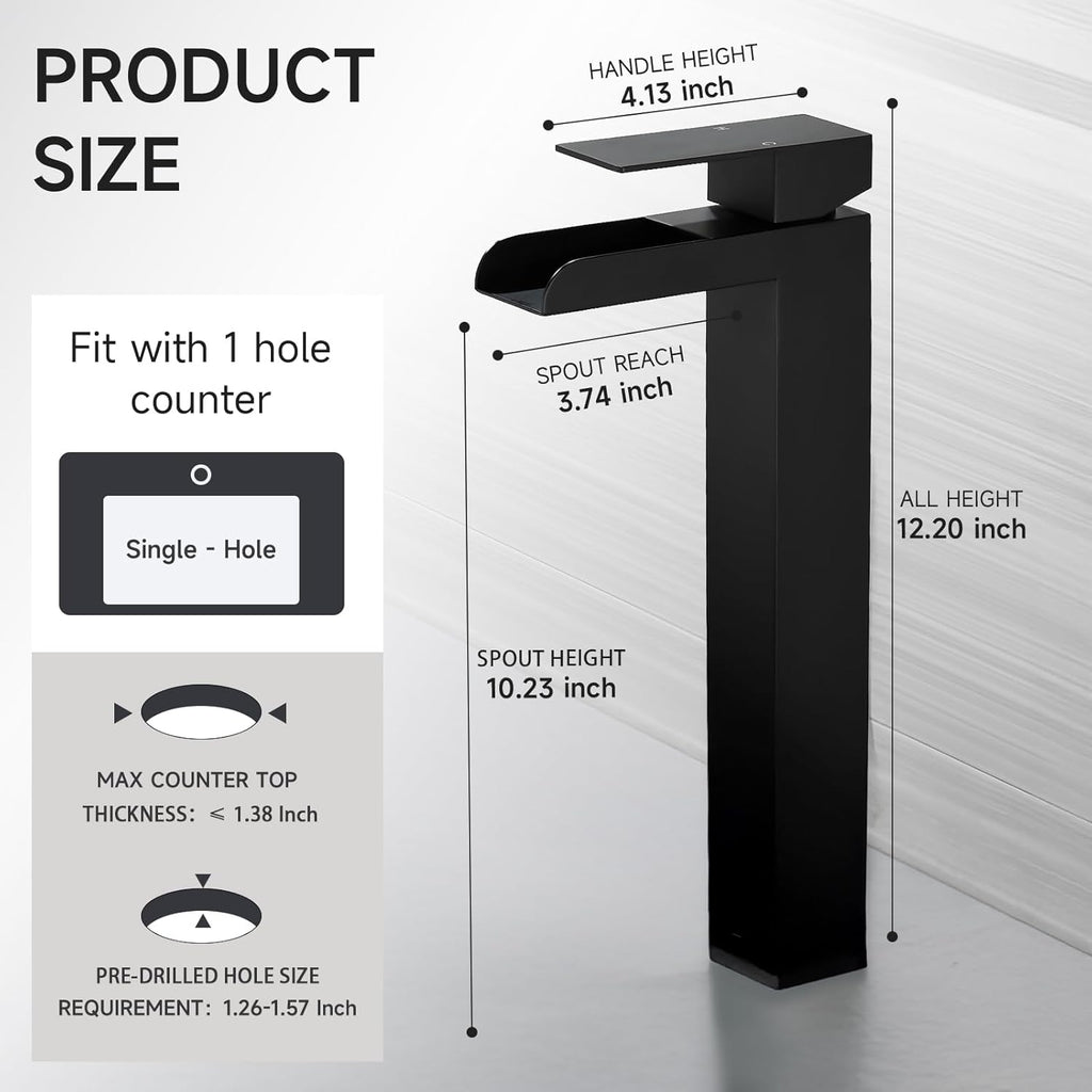 Black Tall Waterfall Bathroom Faucet, Single Hanlde Vessel Sink Faucet with Waterfall Spout
