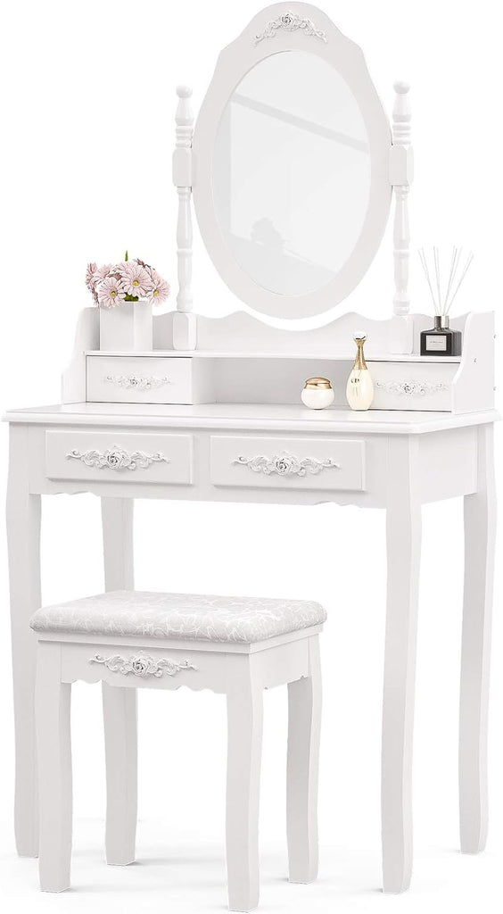 Vanity Table Set with 4 Drawer,Makeup Dressing Table w/Cushioned Stool,Girls Women Bedroom Furniture Set Oval Mirror