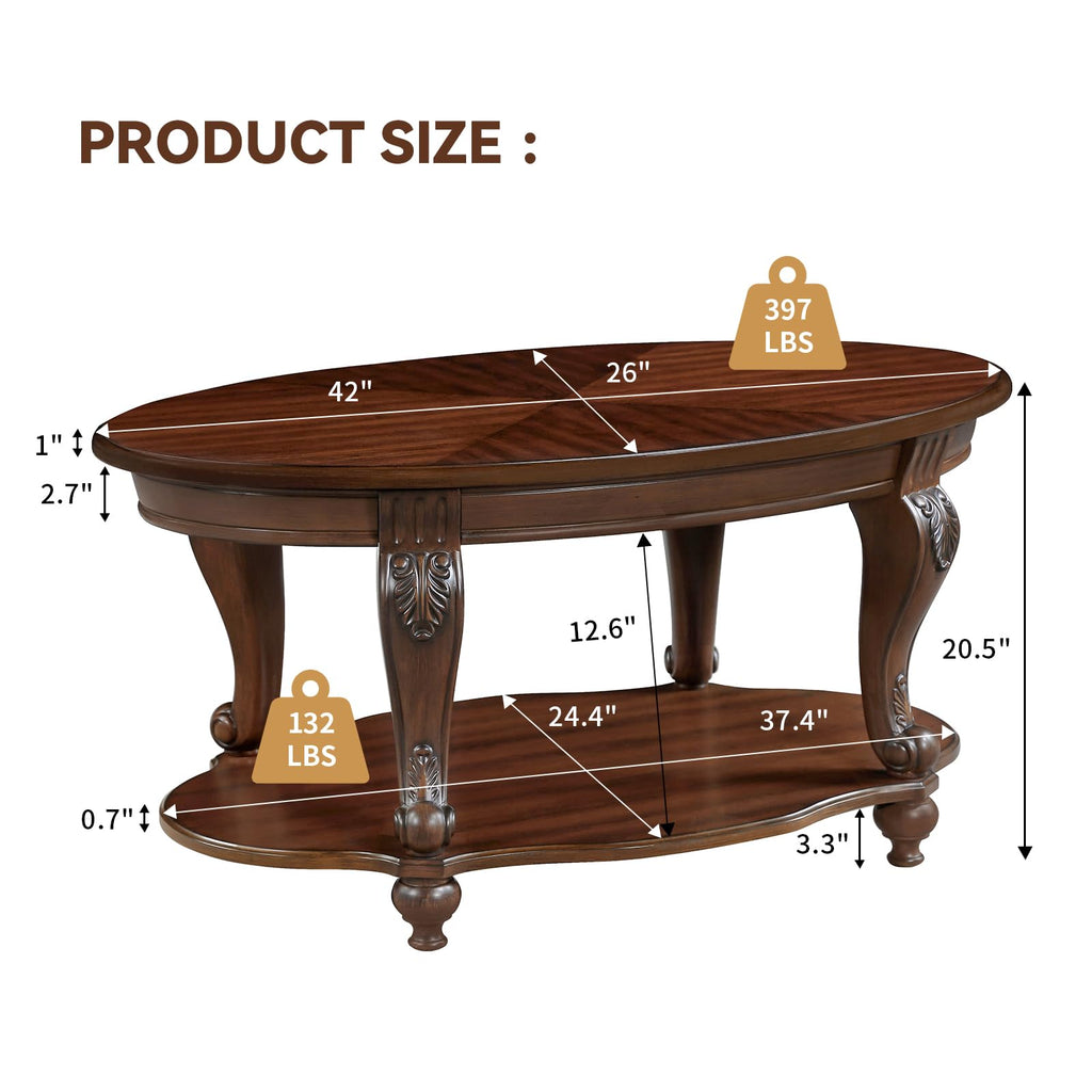 42" Vintage Oval Coffee Table, 2 Tier with Storage Shelf, Cherry