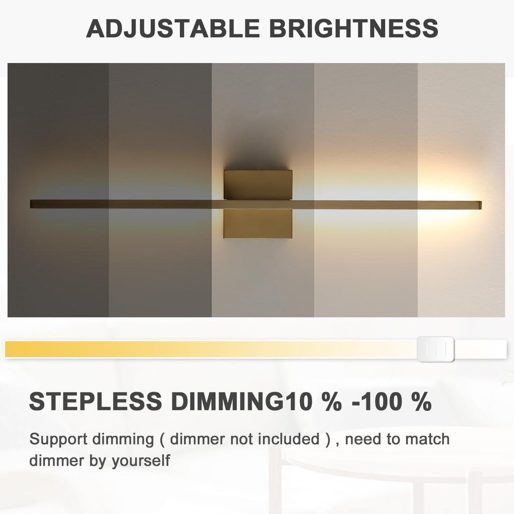 Wall Sconces Set of Two, LED Dimmable Sconces Wall Lighting, Brushed Gold Modern Wall Sconce Light for Bathroom
